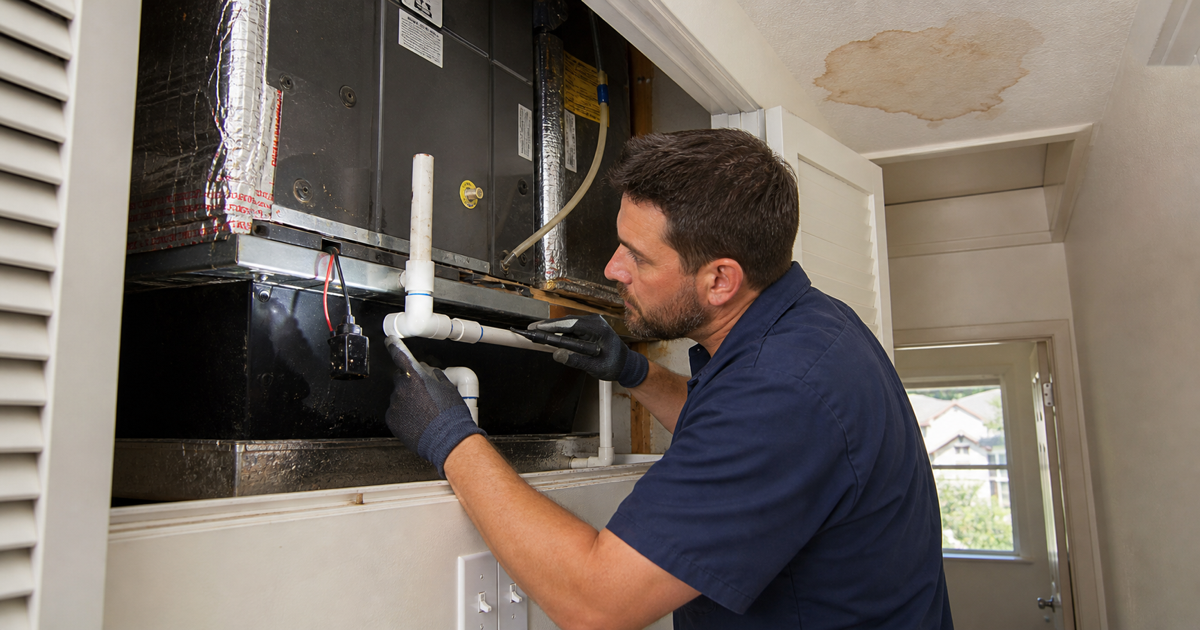 HVAC technician checking an Antelope home air handler condensate drain line, overflow pan, float switch, and ceiling water stain before summer cooling season