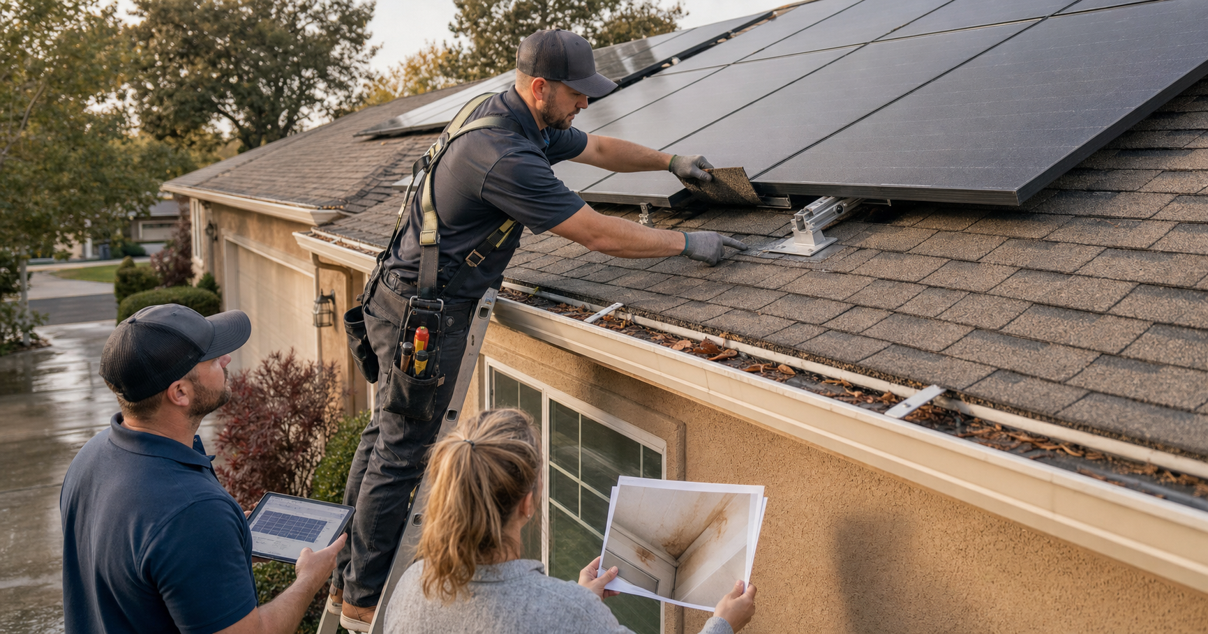 Antelope roofing contractor and solar technician inspecting panel mounts, flashing, underlayment, roof stains, and rain leak photos with a homeowner