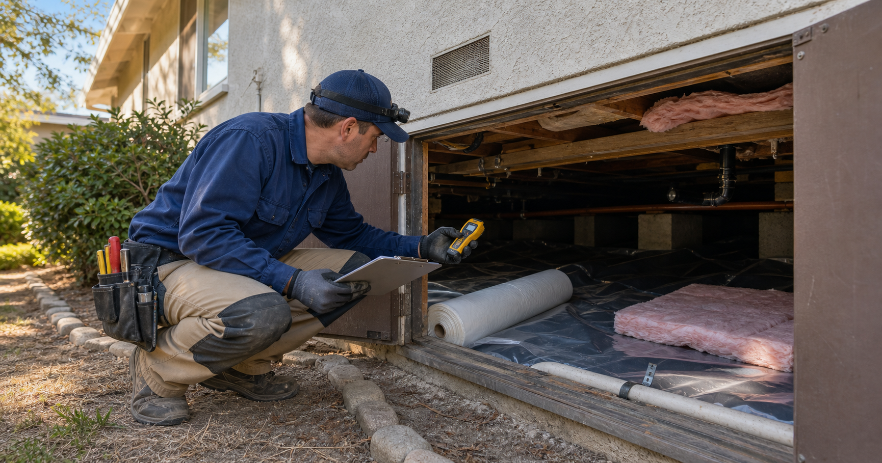 Contractor inspecting an Arden-Arcade crawl space with floor joists, vapor barrier, batt insulation, plumbing lines, and a moisture meter