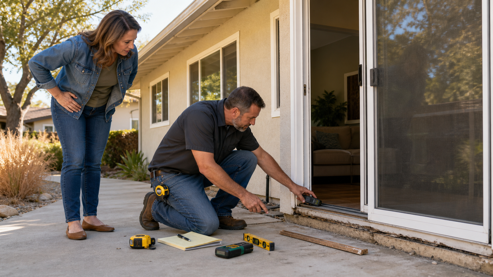 Carmichael contractor inspecting a patio door threshold leak with a homeowner, moisture meter, level, tape measure, stained sill, and low concrete patio