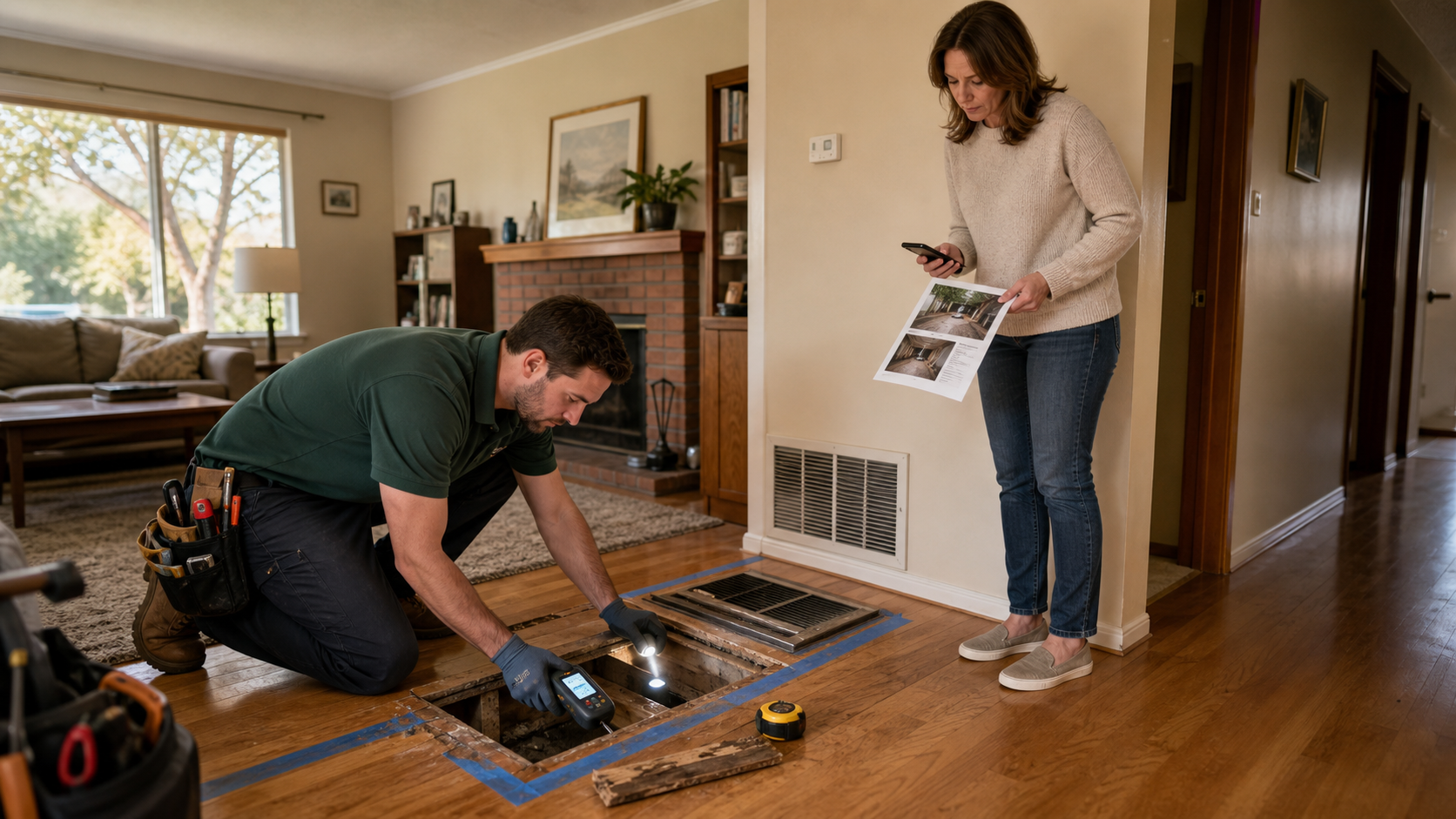 Carmichael contractor checking a soft floor and opened crawl-space area with a moisture meter while a homeowner reviews termite and dry-rot repair notes