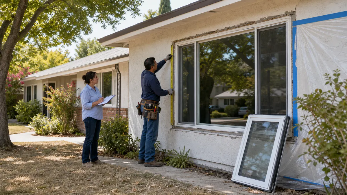 Carmichael window contractor measuring an older stucco ranch home window with protective plastic sheeting, a replacement window sample, and a homeowner reviewing notes