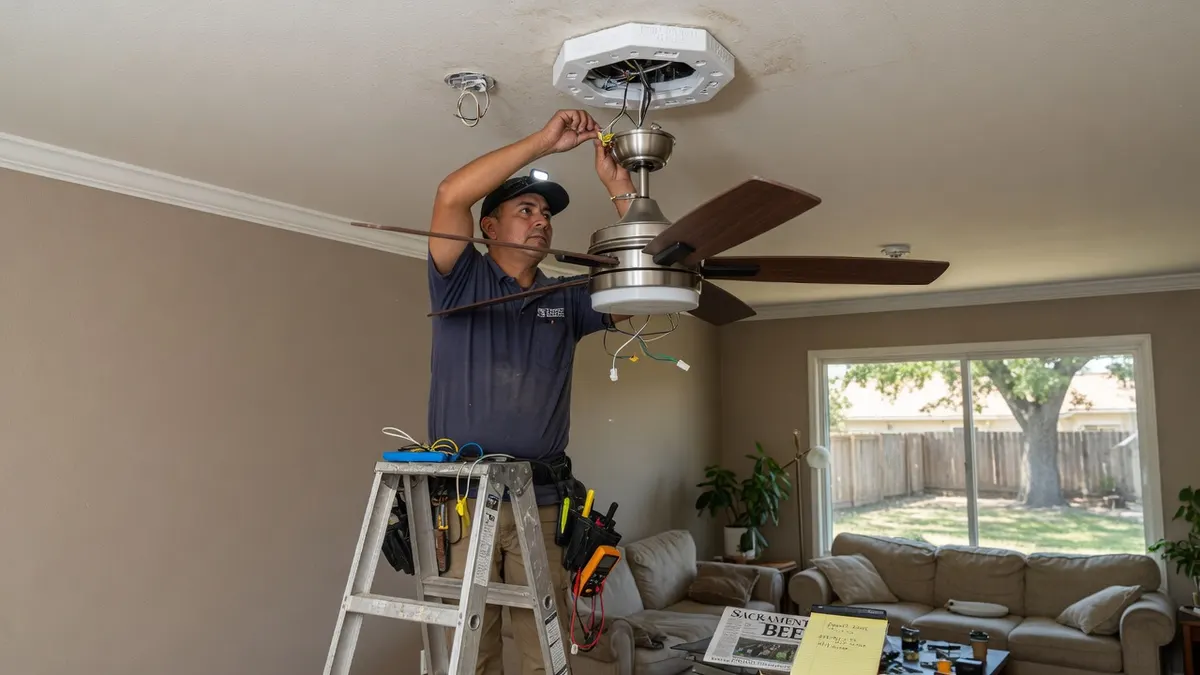Photorealistic home improvement photo for Ceiling Fan Installation in Sacramento: Costs, Wiring, Fan-Rated Boxes, and Permit Questions