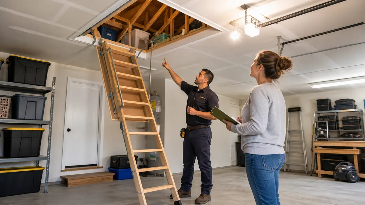 Citrus Heights contractor pointing to an open garage attic ladder, ceiling framing, insulation, and storage bins while a homeowner reviews attic storage safety notes