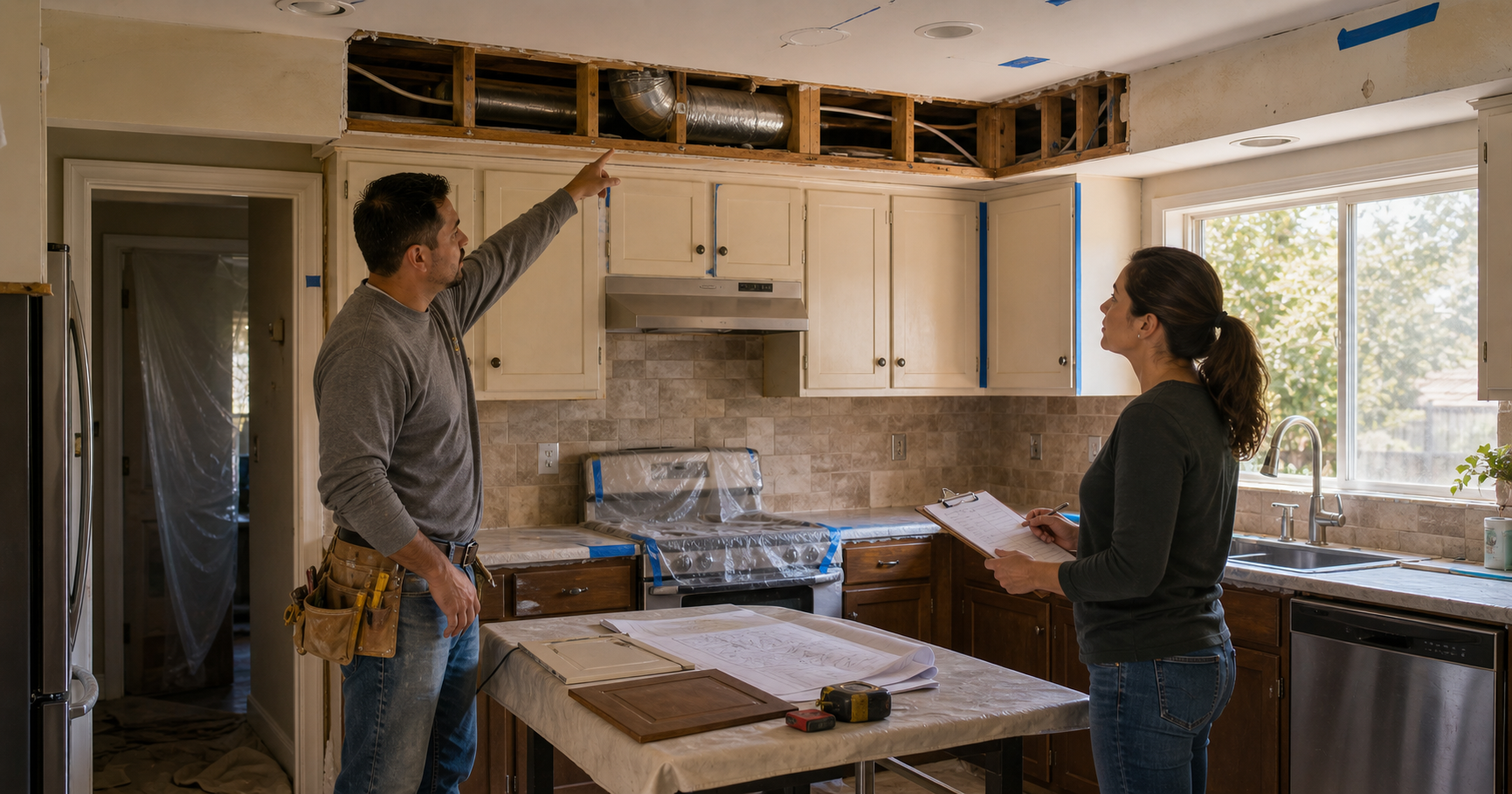 Citrus Heights contractor pointing to an opened kitchen soffit with exposed ducting, framing, electrical runs, old cabinets, and a homeowner reviewing remodel scope notes