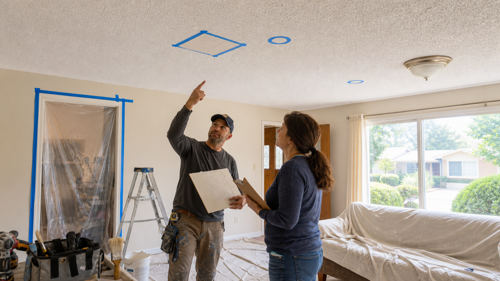 Citrus Heights drywall contractor and homeowner reviewing a popcorn ceiling, taped sample area, recessed light layout marks, ladder, plastic containment, and drop cloths