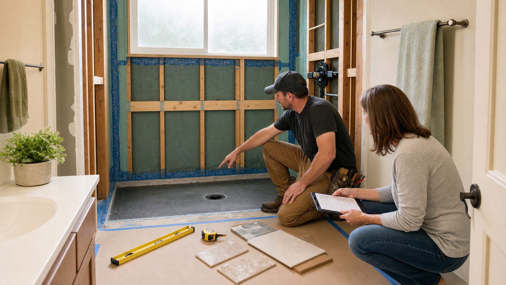 Davis bathroom remodel contractor and homeowner reviewing a tub-to-shower conversion with exposed studs, waterproofing membrane, drain placement, grab bar blocking, and tile samples