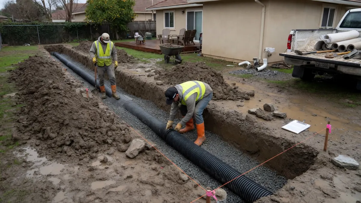 Photorealistic home improvement photo for Elk Grove Backyard Drainage Fixes Before New Landscaping