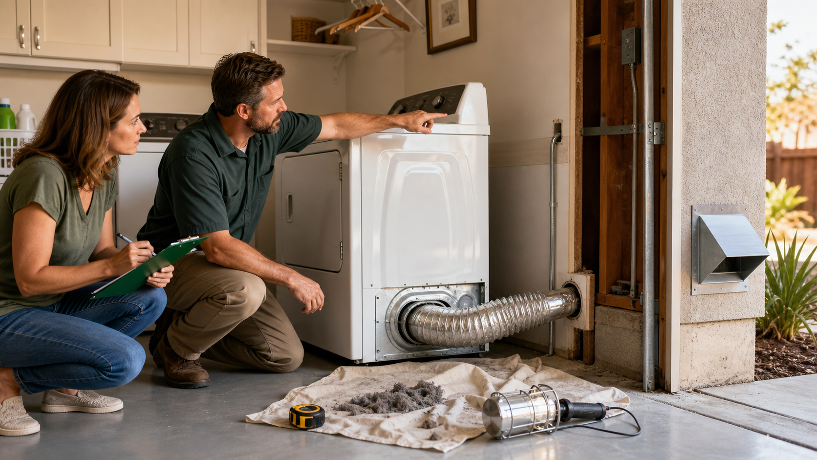 Elk Grove contractor and homeowner inspecting a dryer vent route, lint buildup, exterior vent cap, and laundry wall opening