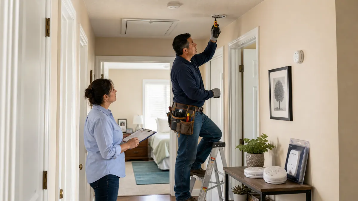 Elk Grove electrician checking a hardwired smoke alarm in a hallway while a homeowner reviews an estimate beside replacement smoke and carbon monoxide alarms