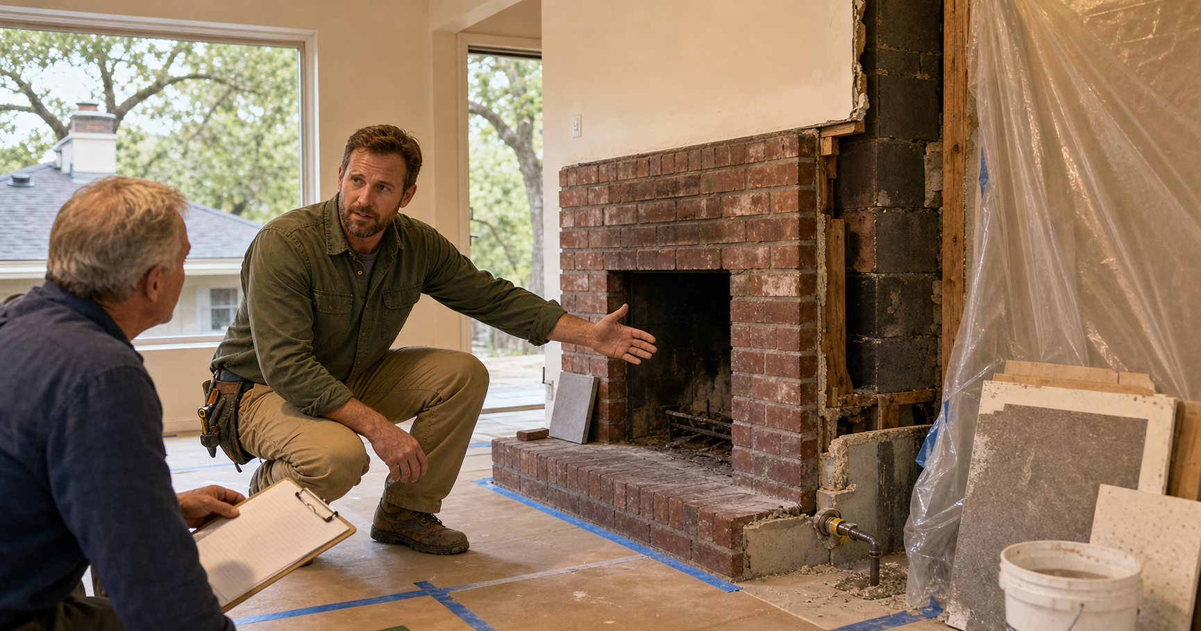 Fair Oaks contractor and homeowner reviewing an opened brick fireplace, chimney chase, capped gas line, roof patch planning, and dust protection