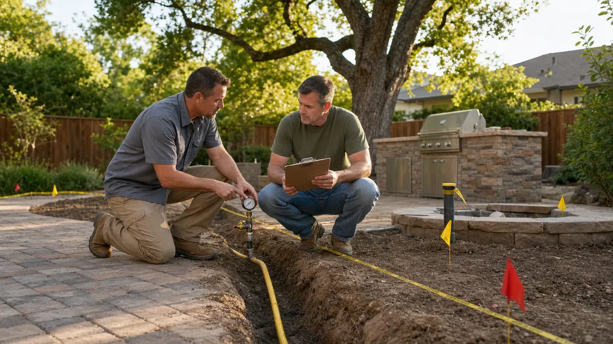 Fair Oaks plumbing contractor reviewing a backyard gas line trench and pressure test gauge with a homeowner near a future fire pit and built-in grill
