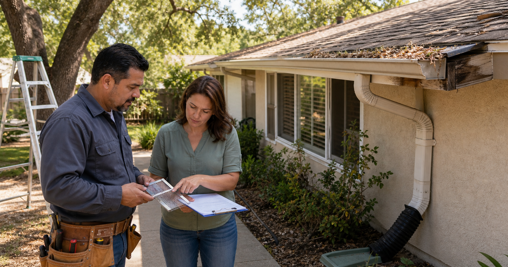 Fair Oaks gutter contractor reviewing gutter guard samples and downspout drainage with a homeowner beside leaf-filled gutters, stained fascia, mature oak trees, and a downspout extension