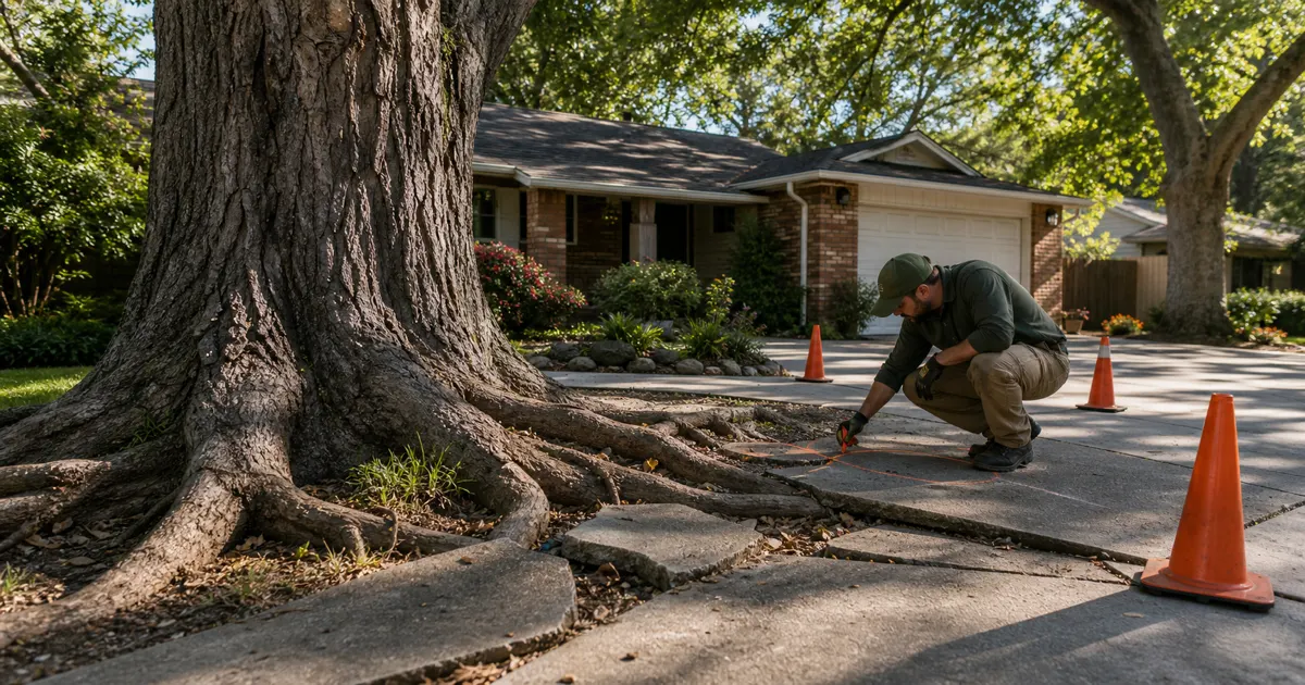 Mature Fair Oaks shade tree roots lifting driveway and sidewalk concrete while a contractor marks root-safe repair areas
