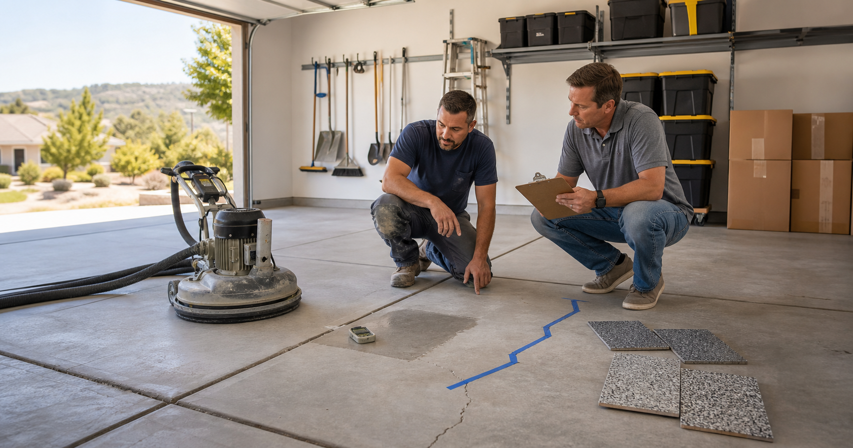 Folsom garage floor coating contractor inspecting a concrete slab crack and moisture test area with coating samples, storage bins, and a homeowner reviewing notes