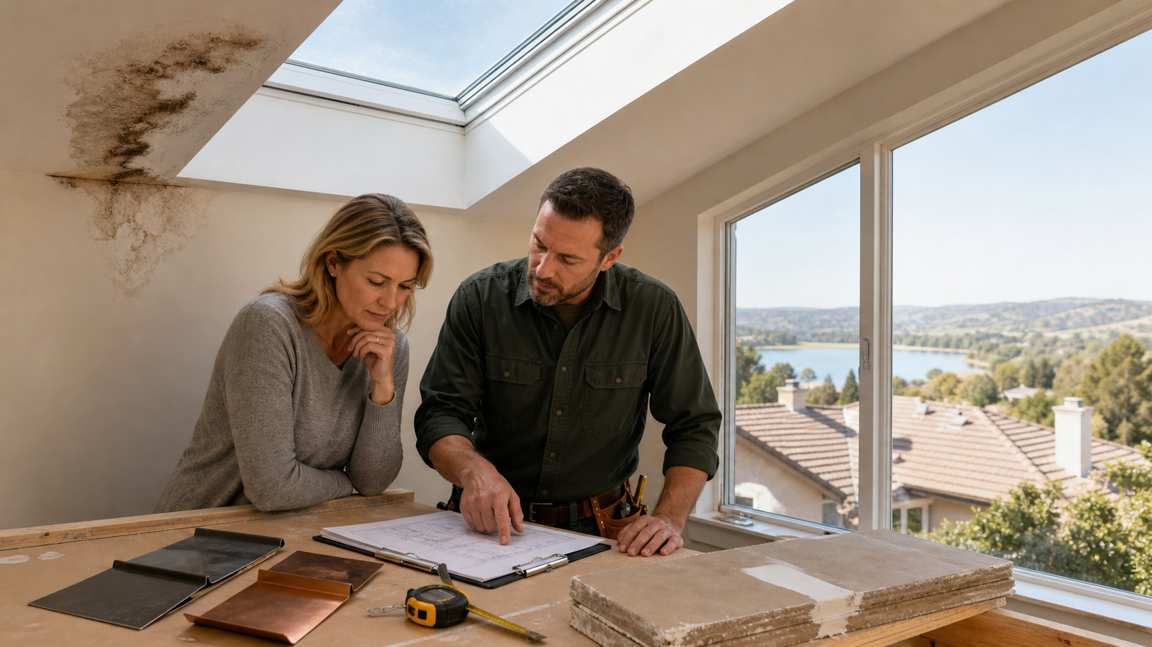 Folsom roofing contractor and homeowner reviewing a skylight replacement plan beside a skylight shaft with moisture staining, flashing samples, drywall panels, and afternoon light