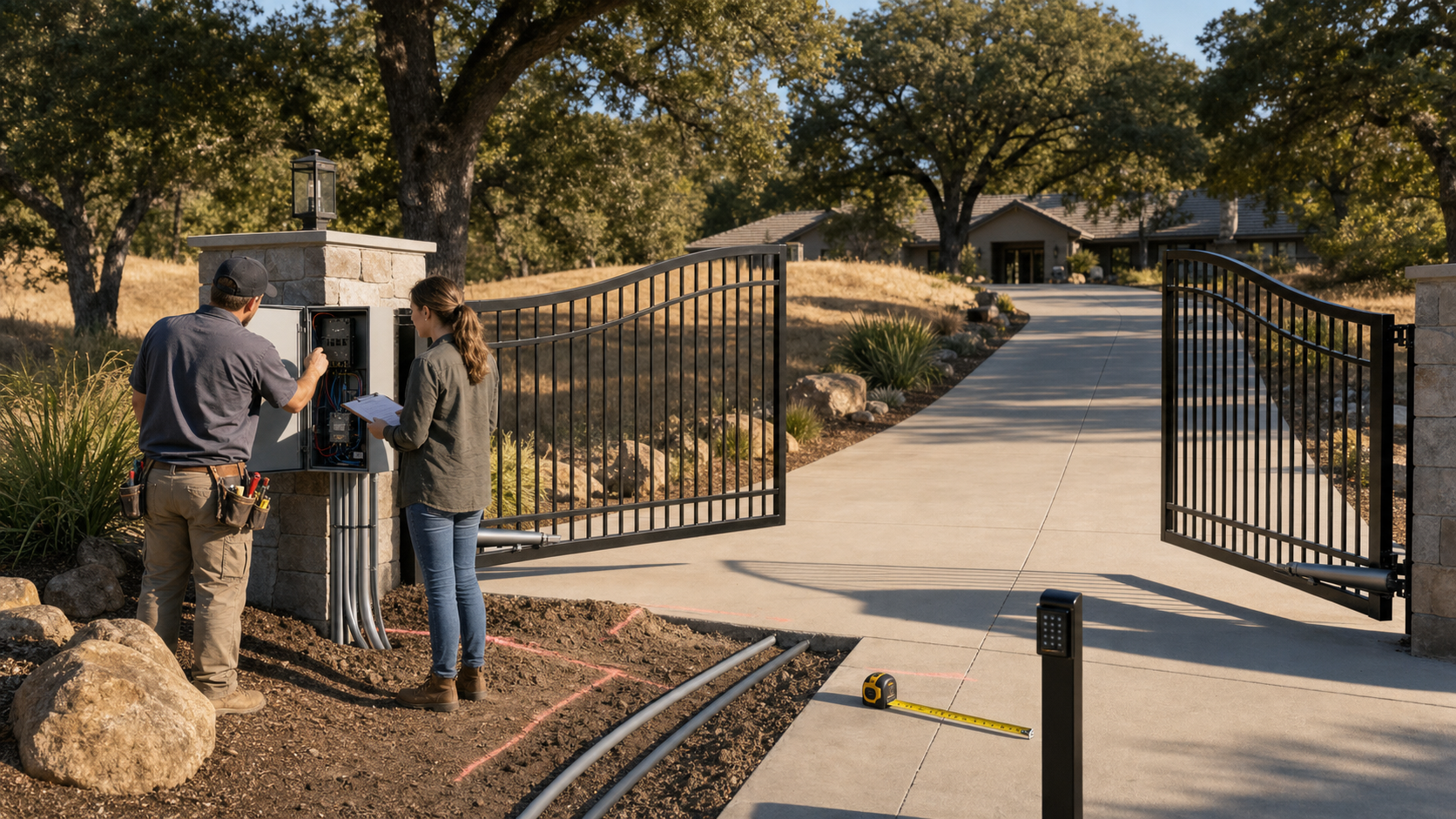 Granite Bay contractor inspecting an automated driveway gate motor, stone column, conduit path, keypad post, and concrete driveway with a homeowner