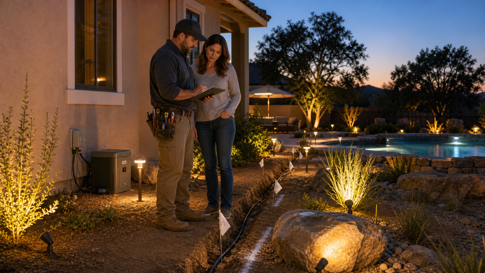 Granite Bay landscape lighting contractor reviewing low-voltage path lights, trench markings, transformer, outdoor outlet, and pool-side wiring plan with a homeowner at dusk