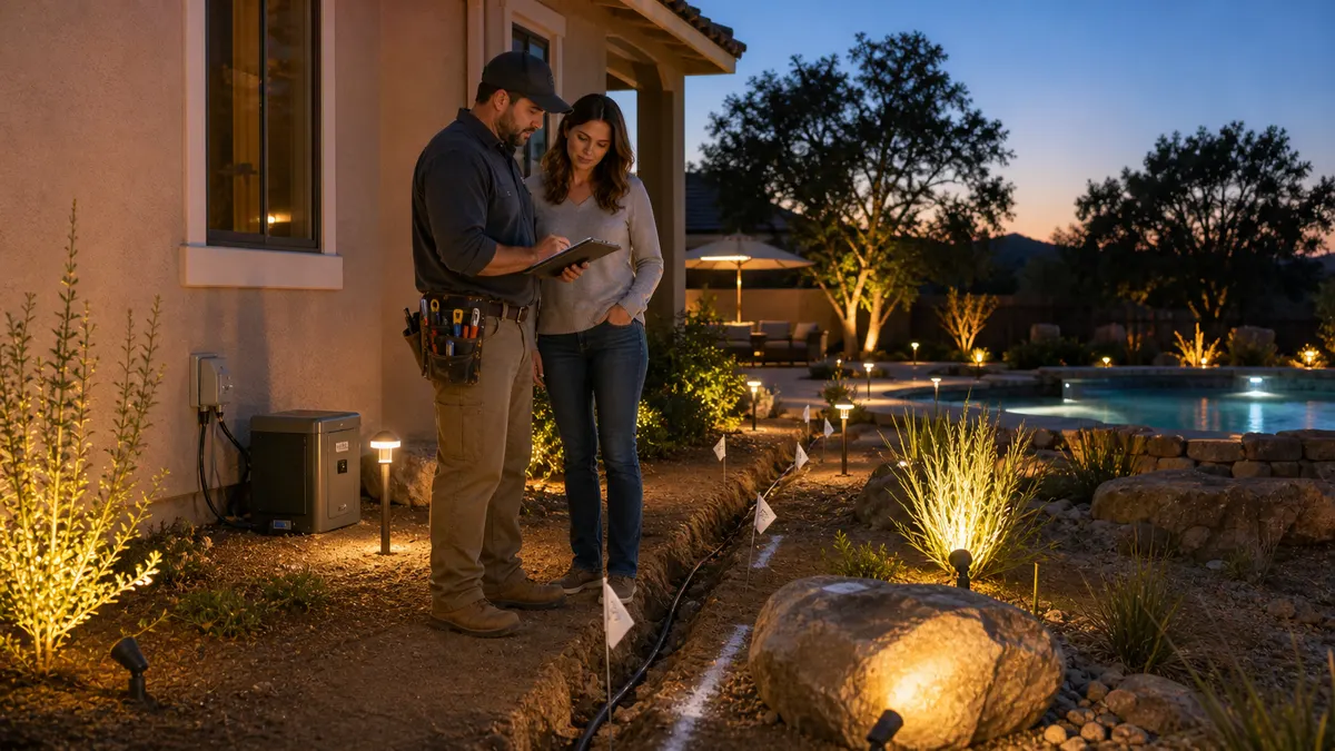 Granite Bay landscape lighting contractor reviewing low-voltage path lights, trench markings, transformer, outdoor outlet, and pool-side wiring plan with a homeowner at dusk