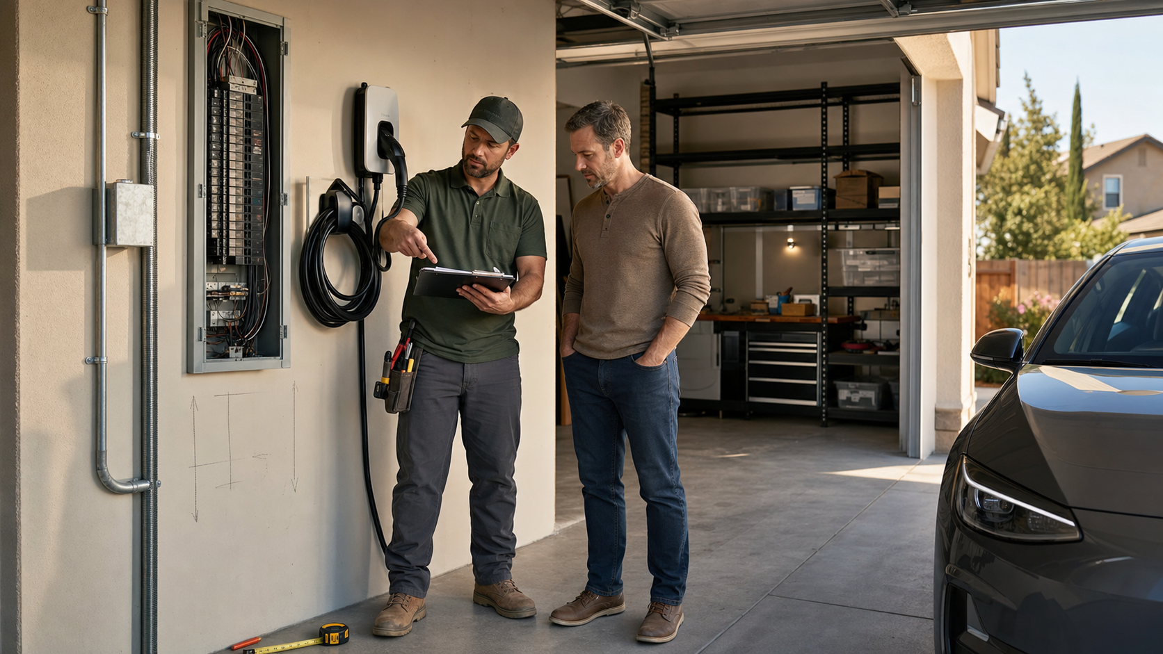 Lincoln electrical contractor and homeowner reviewing an open panel, wall-mounted EV charger, conduit route, and garage layout before a remodel