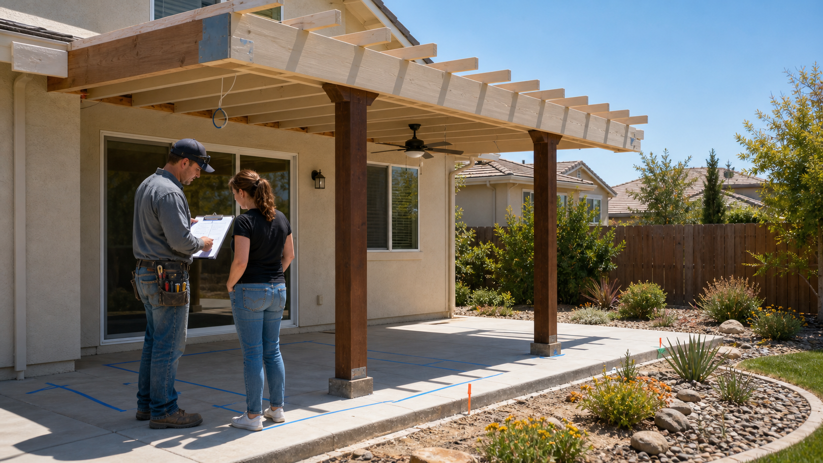 Contractor reviewing Lincoln patio cover plans with a homeowner under an attached shade structure with fan wiring, posts, layout marks, and drought-tolerant landscaping