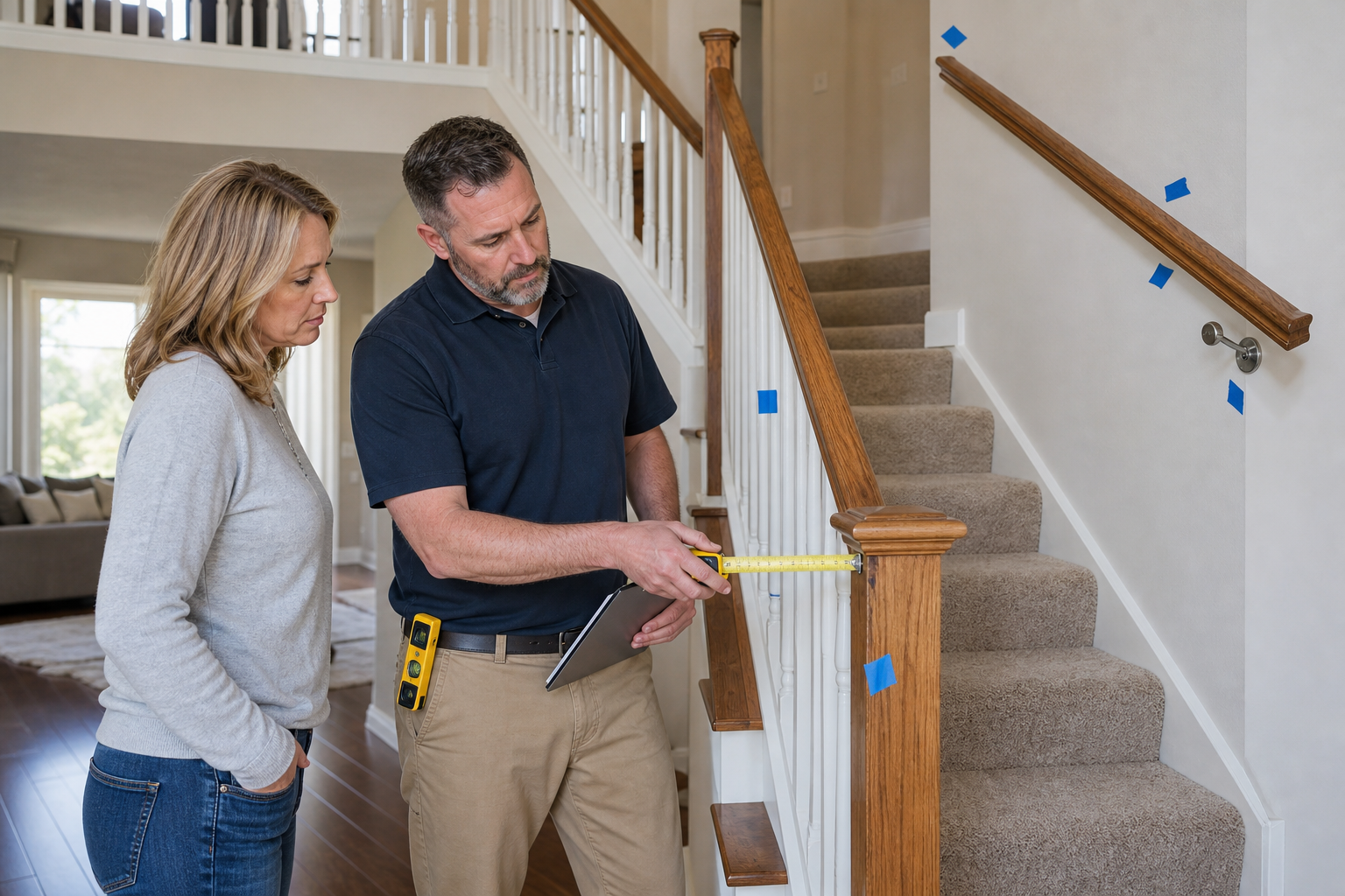 Lincoln contractor measuring a loose interior stair railing and wall handrail with a homeowner, blue tape repair marks, carpeted stairs, newel post, balusters, and level