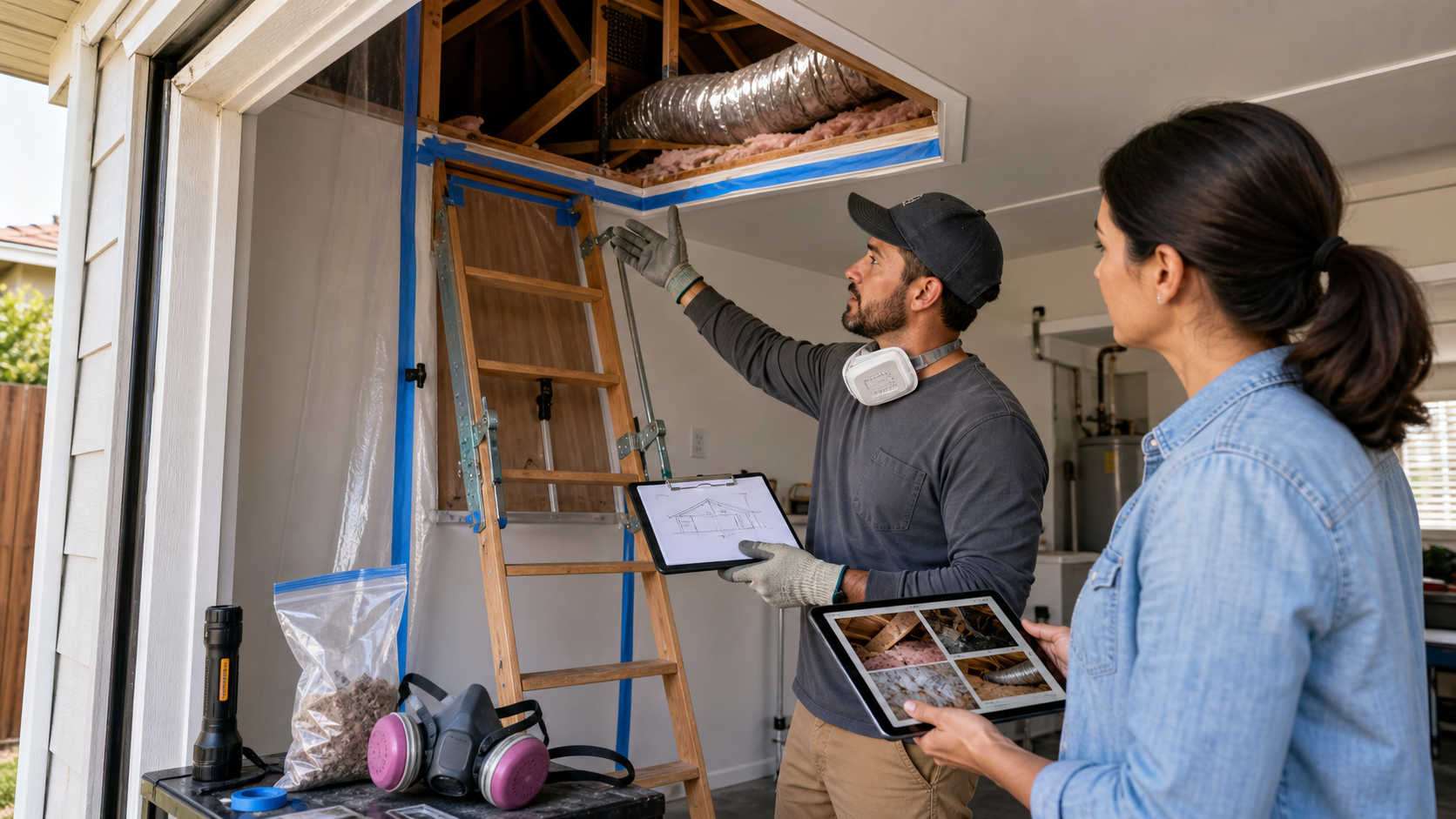 Natomas pest control and insulation contractor reviewing an attic hatch, insulation, and ductwork with a homeowner