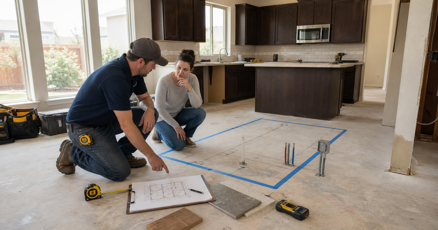 Natomas kitchen remodel contractor and homeowner reviewing a taped island footprint on a slab floor with plan sheets, countertop samples, electrical conduit, plumbing stubs, and slab scanning equipment