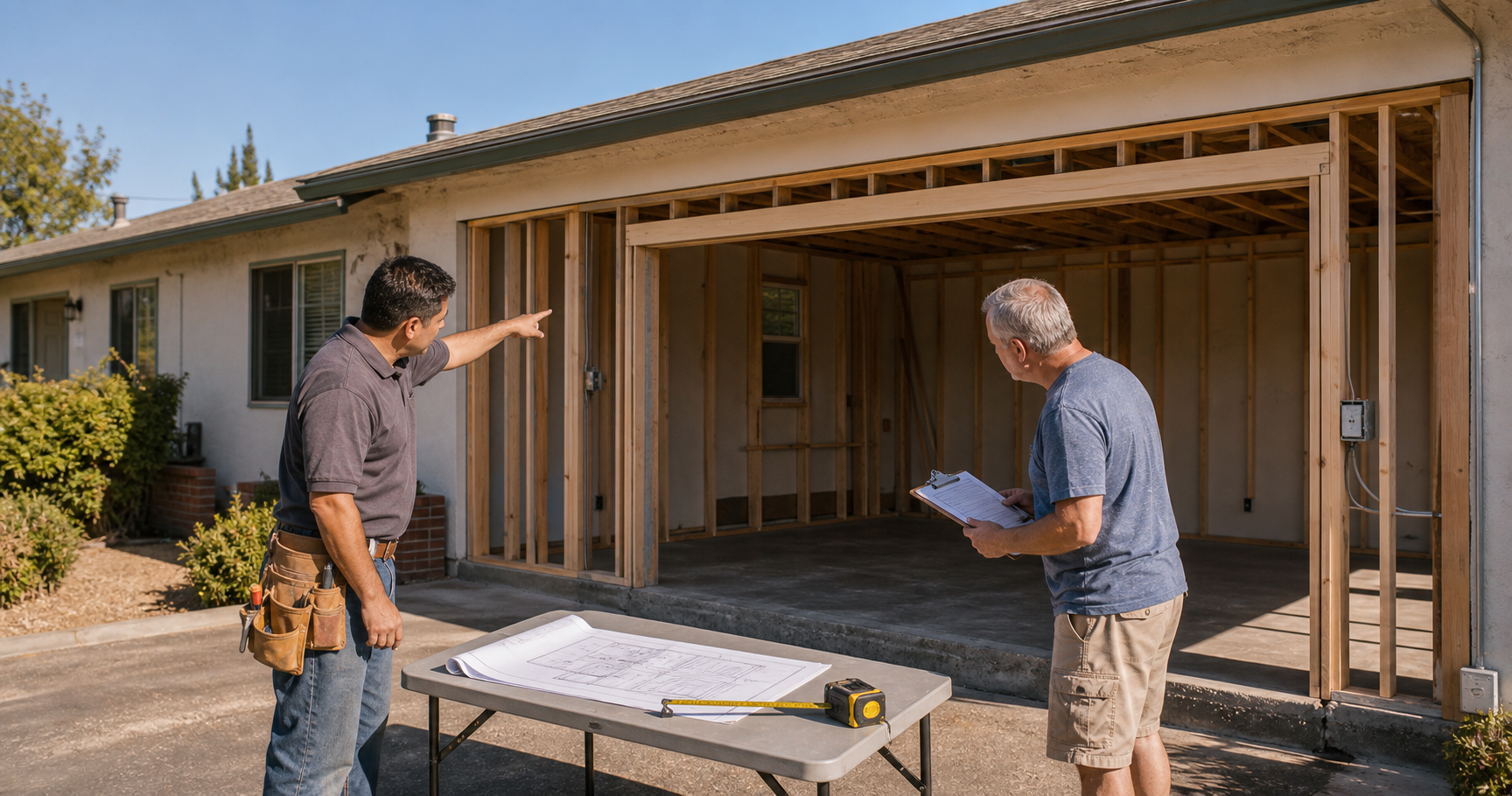 North Highlands contractor reviewing a partially framed carport enclosure, garage door opening, concrete slab, electrical conduit, and permit plans with a homeowner