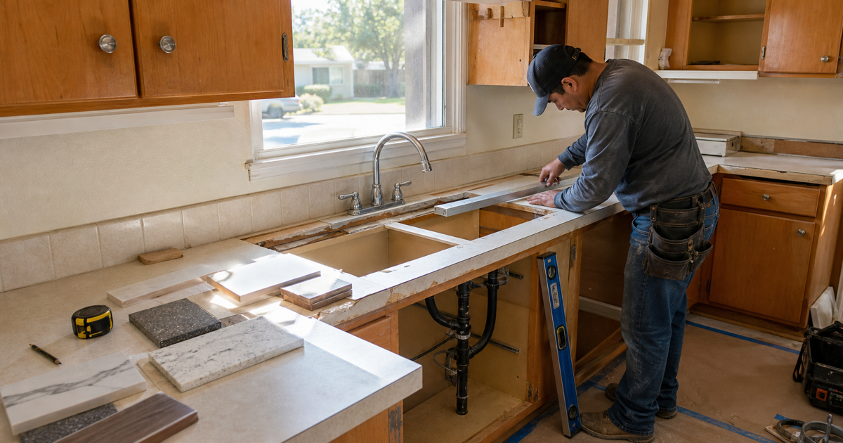 Countertop installer measuring an older North Highlands kitchen with cabinet bases exposed, sink plumbing visible, and countertop material samples on the work surface