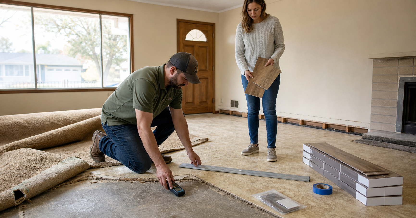 North Highlands flooring contractor checking an exposed concrete slab and old vinyl flooring edge with a moisture meter while a homeowner compares LVP samples