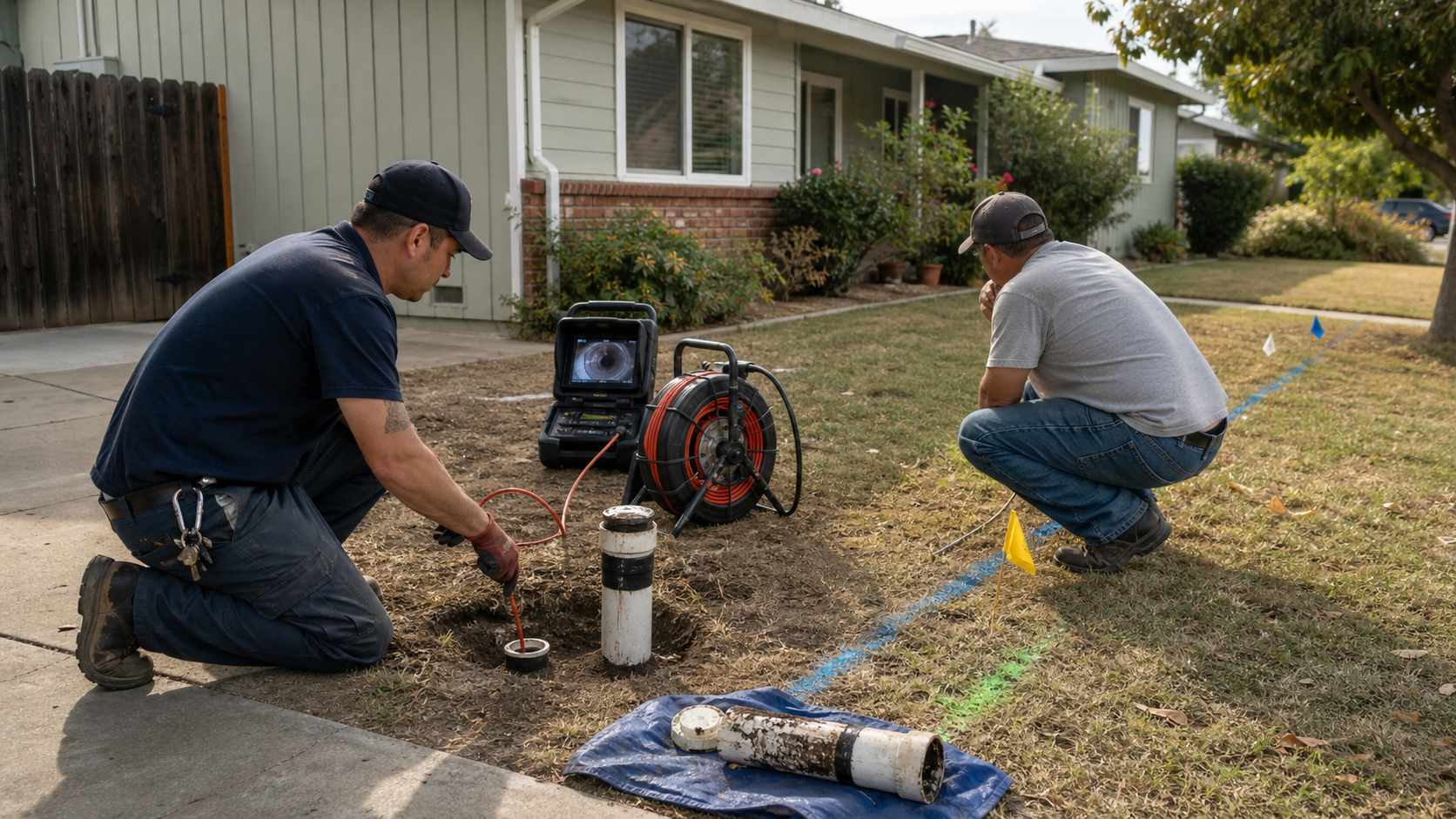 North Highlands plumber using a sewer camera at an exterior cleanout while a homeowner reviews utility marks in a front yard