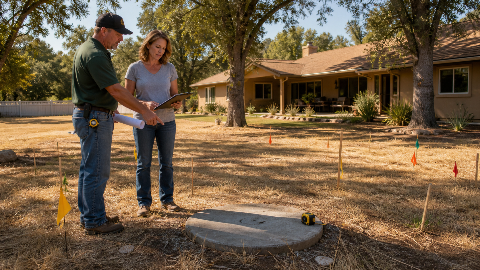 Orangevale septic contractor and homeowner reviewing a marked backyard with a septic tank lid, utility flags, stakes, and a plot plan before a yard project