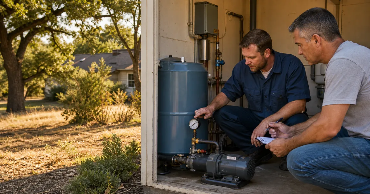 Orangevale well pump contractor checking a pressure tank, pressure gauge, pump motor, and control box with a homeowner on a larger residential lot