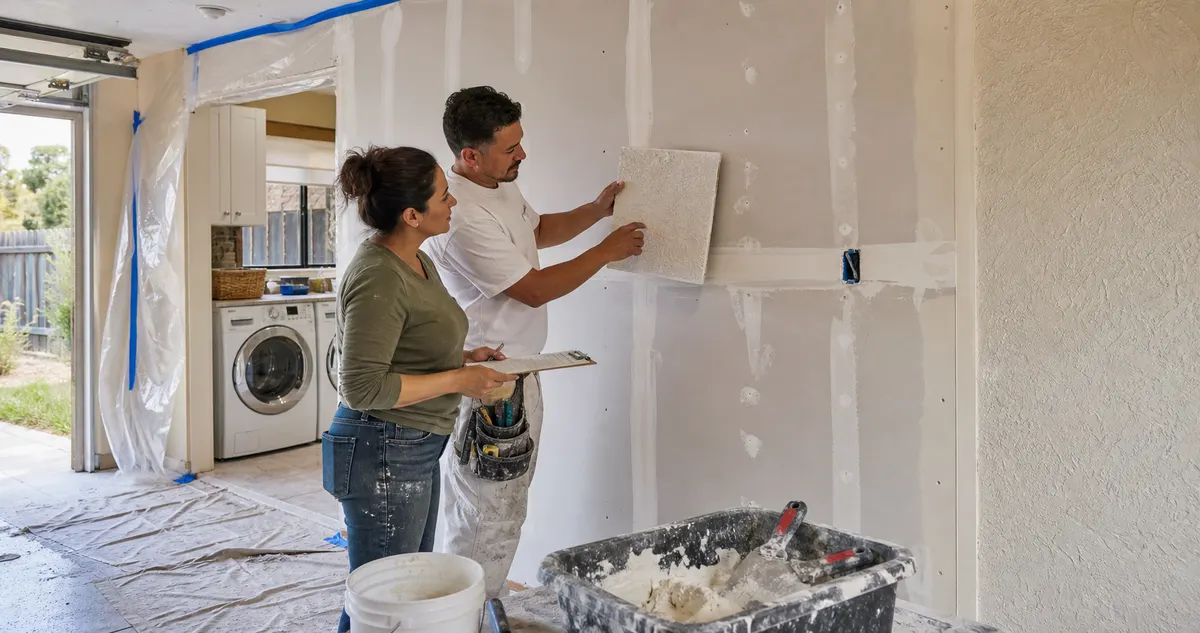 Rancho Cordova drywall contractor measuring new wall panels and comparing a texture sample while a homeowner reviews the repair estimate