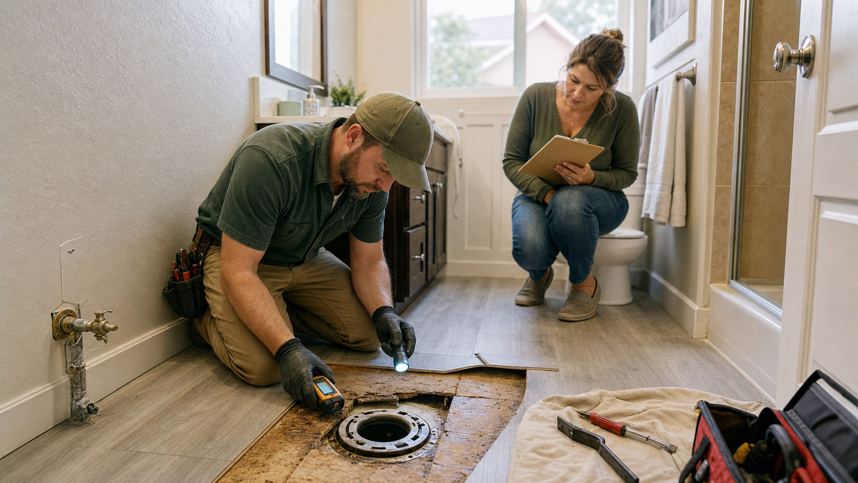 Rancho Cordova contractor inspecting an exposed toilet flange, lifted bathroom flooring, damp subfloor, and moisture meter while a homeowner reviews repair notes