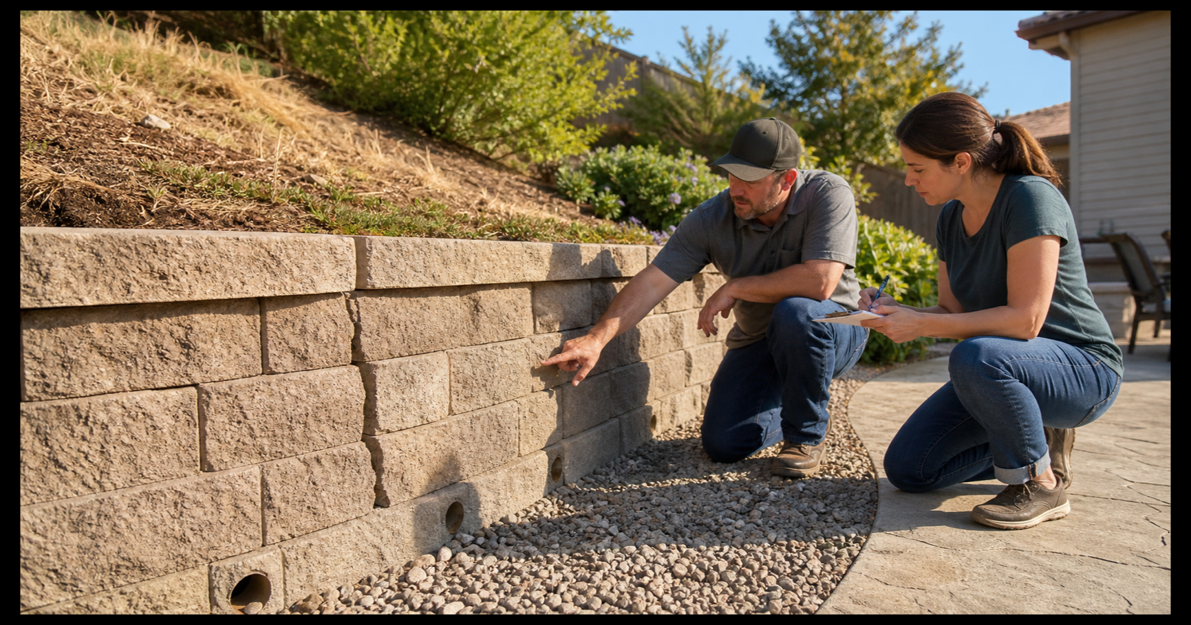 Rocklin contractor inspecting a block retaining wall with drainage openings, gravel, slope soil, and a homeowner taking notes