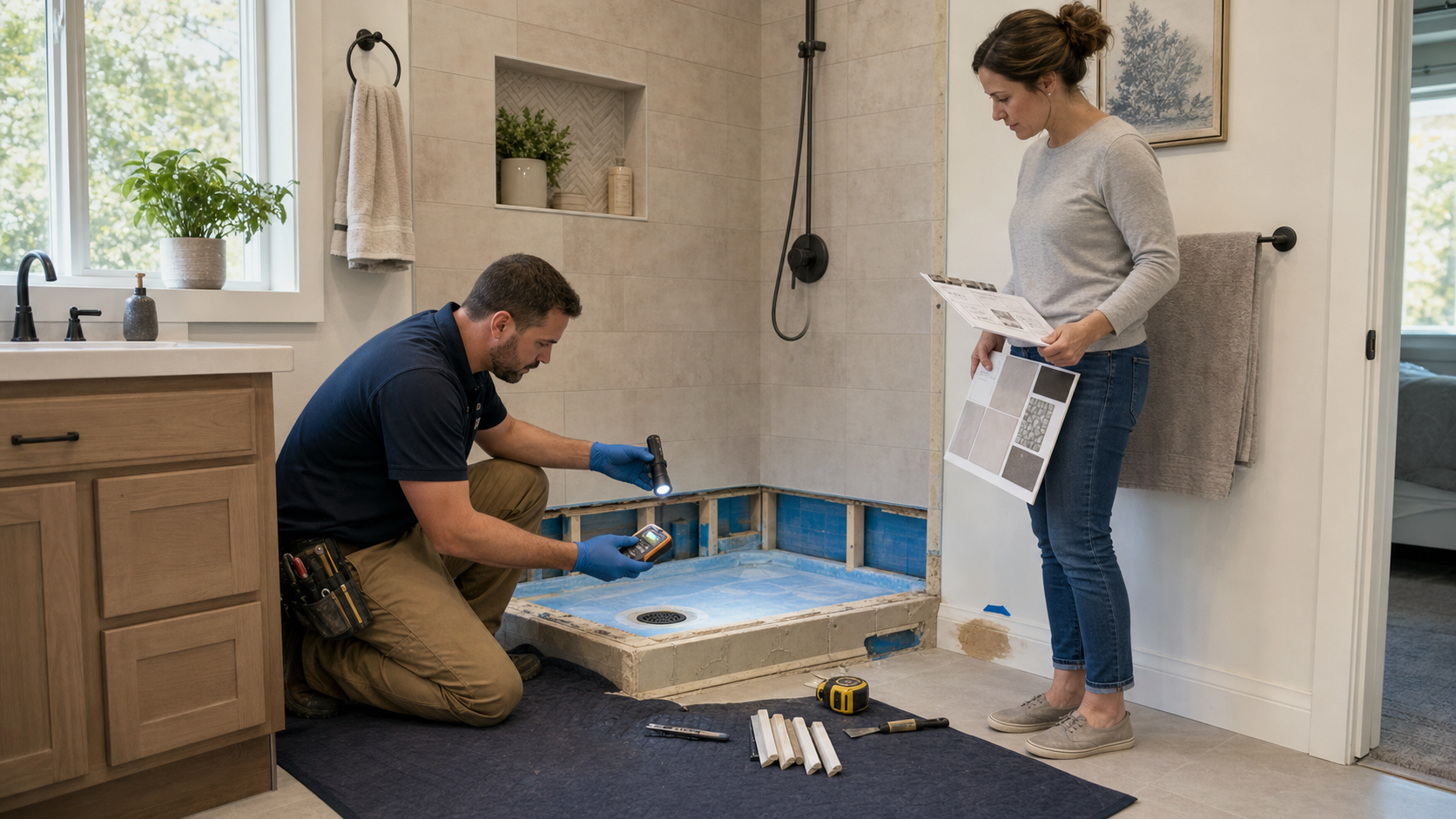 Rocklin bathroom remodel contractor using a moisture meter at a shower curb while a homeowner reviews waterproofing membrane, tile samples, and repair scope notes