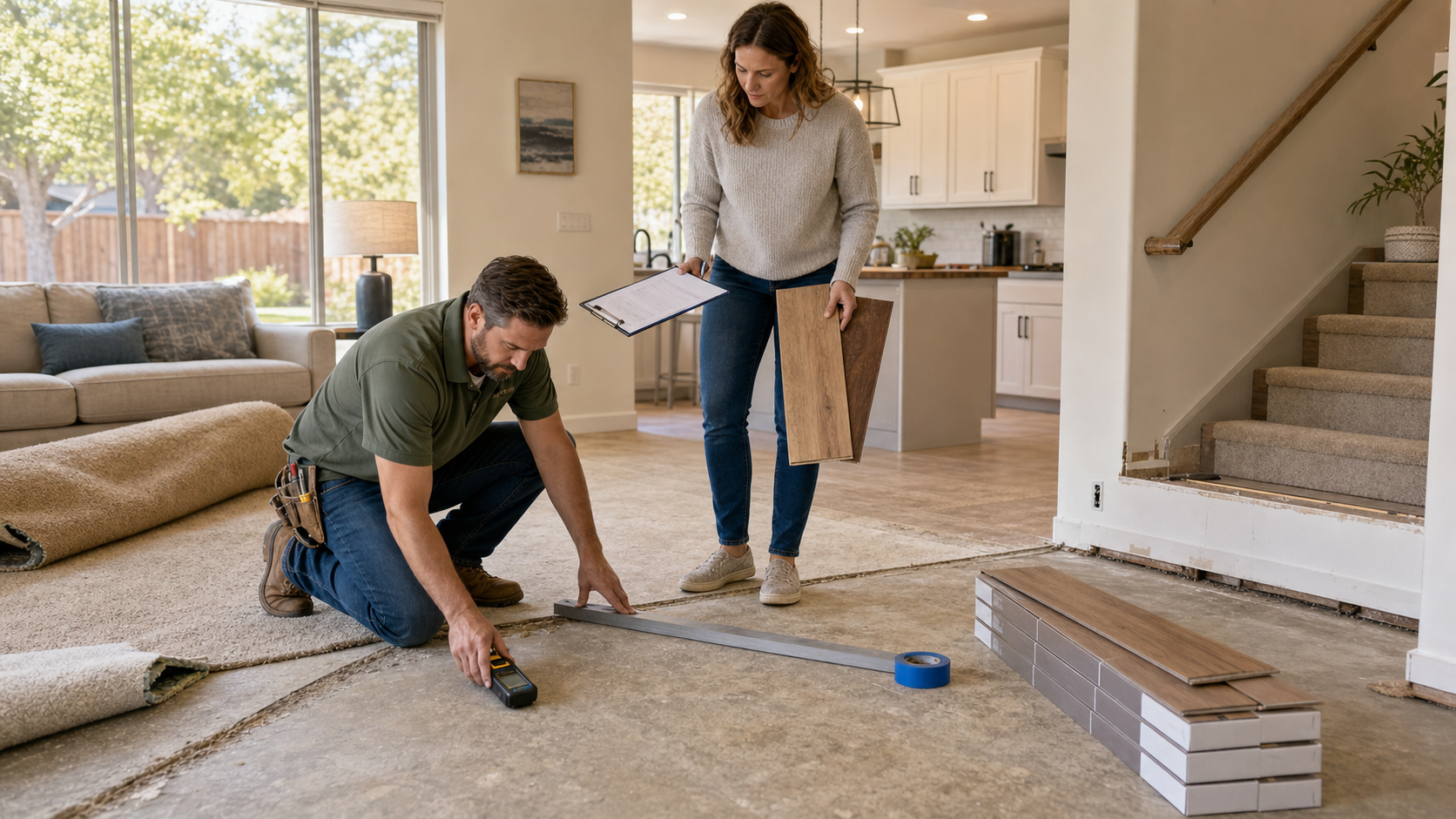 Roseville flooring contractor checking slab moisture and flatness while a homeowner reviews LVP samples, removed carpet, baseboards, and stair transitions