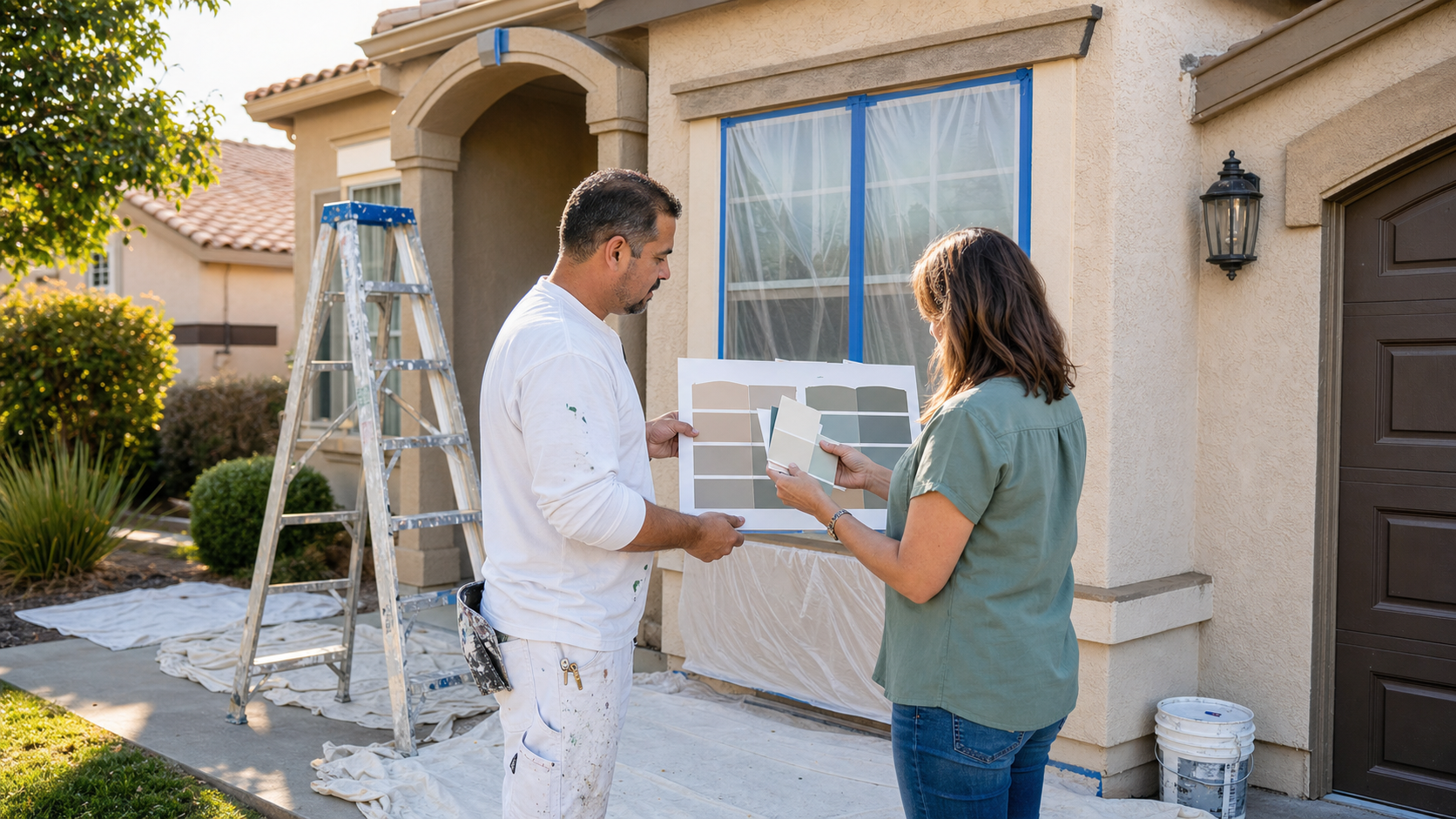 Roseville exterior painting contractor reviewing HOA color swatches with a homeowner beside masked windows, ladder, drop cloths, and sun-faded stucco trim