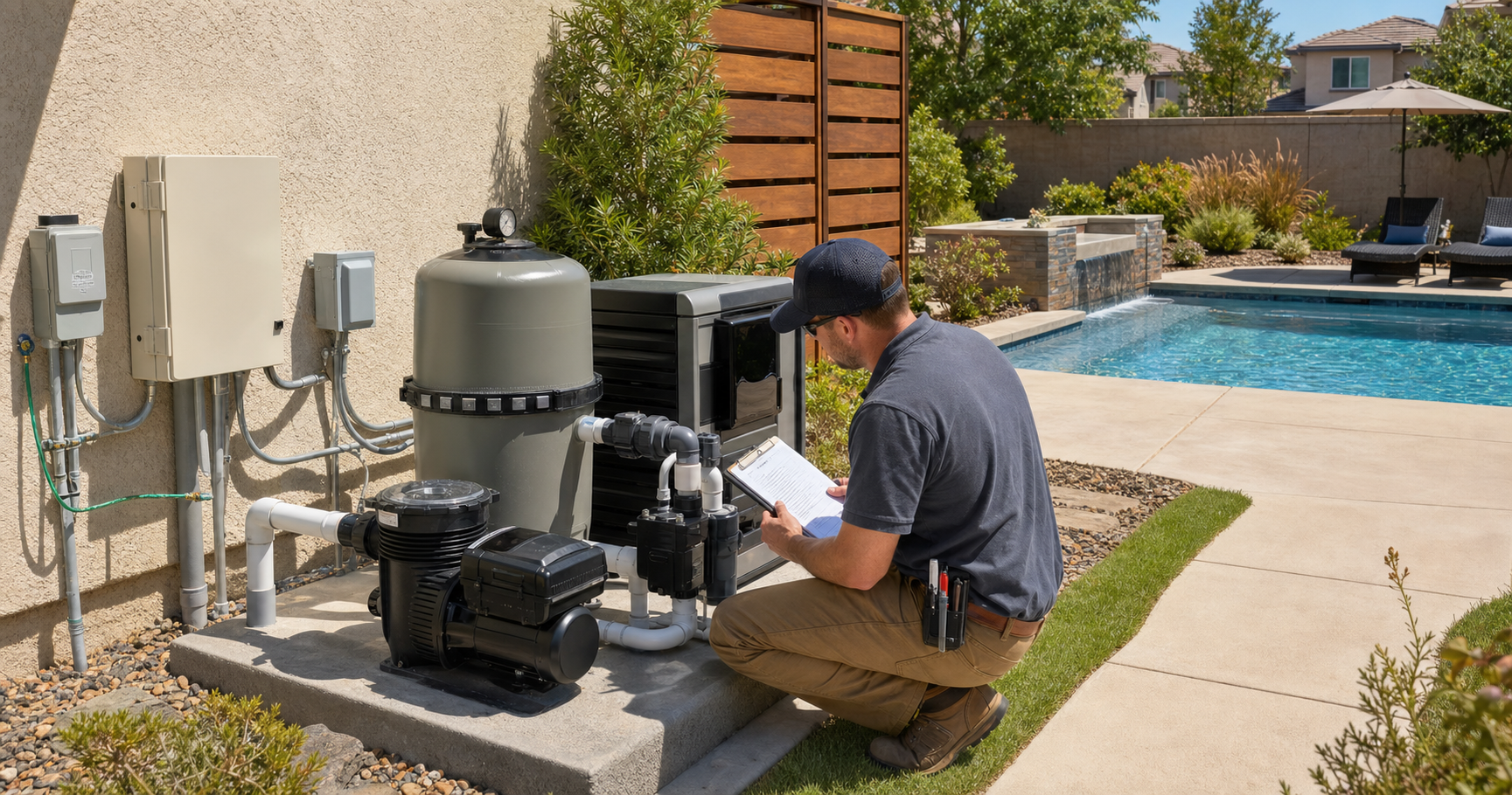 Roseville pool equipment pad inspection with variable-speed pump, filter, heater, electrical controls, and a contractor checking the system beside a backyard pool