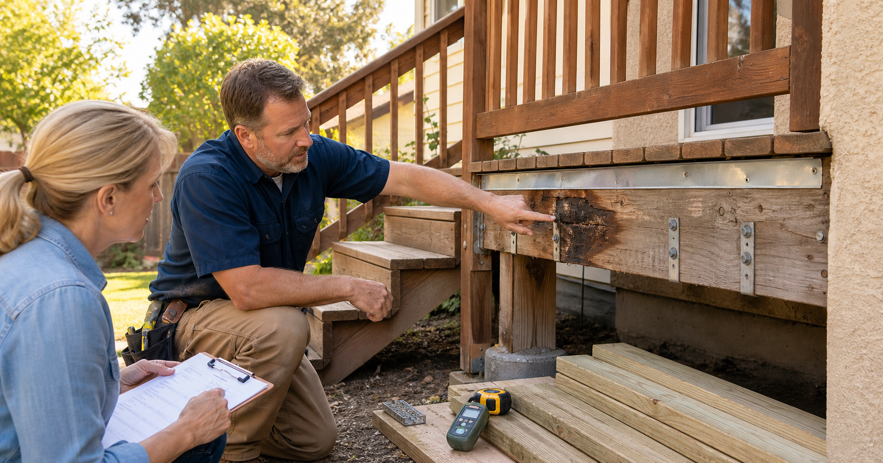 Sacramento deck contractor showing a homeowner dry rot, metal flashing, ledger fasteners, and railing post repairs on an older raised backyard deck