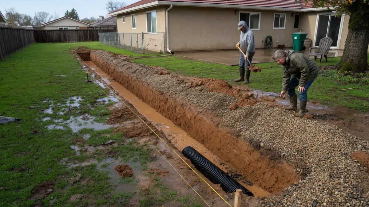 Photorealistic home improvement photo for Sacramento French Drain and Yard Drainage Cost Guide: Standing Water, Grading, and Storm Runoff