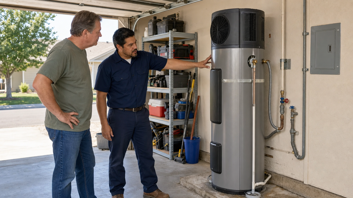 Photorealistic home improvement photo for Sacramento Heat Pump Water Heater Cost Guide: Rebates, Electrical Work, Garage Installs, and When It Makes Sense