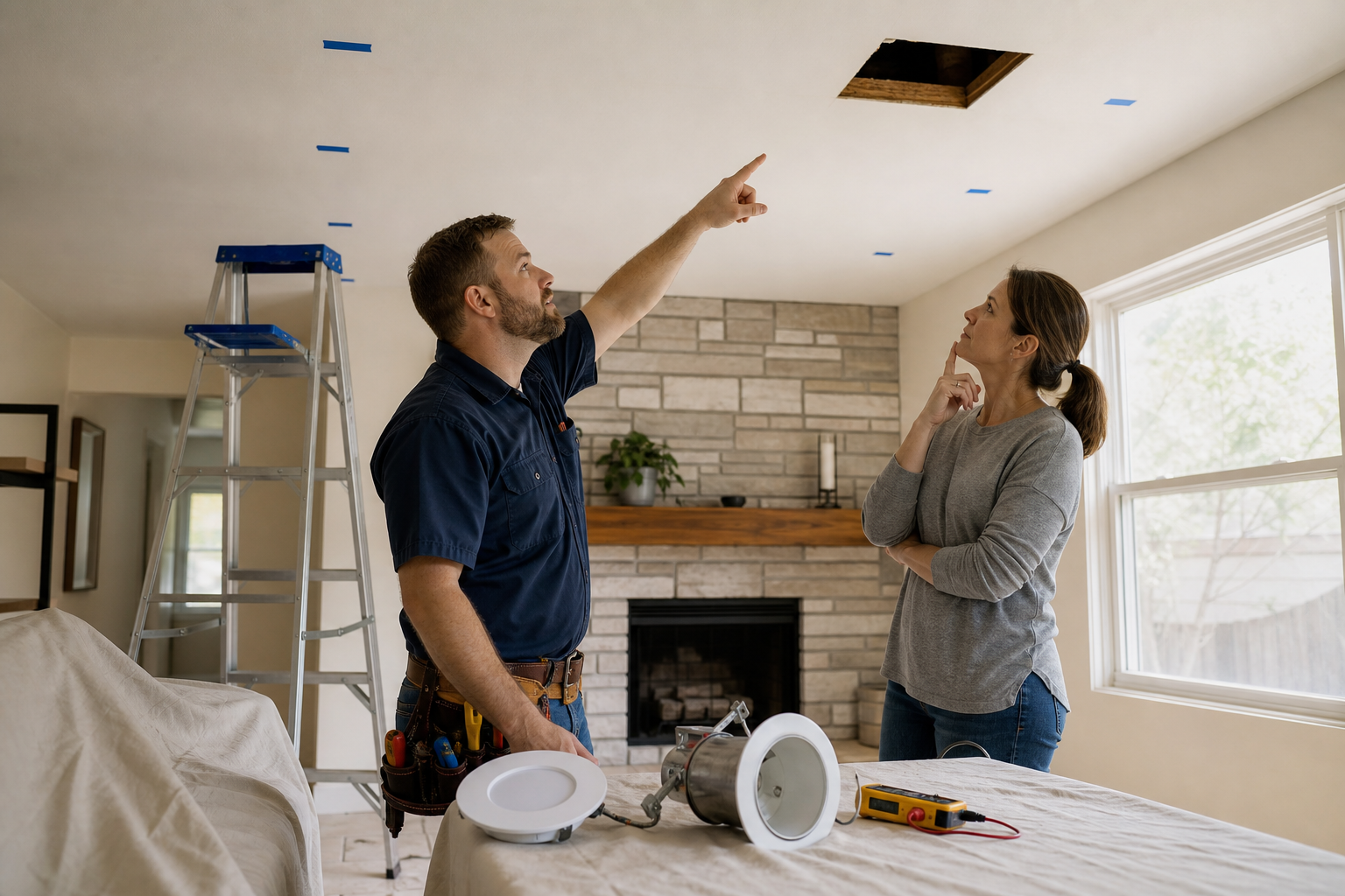 Sacramento electrician and homeowner planning recessed LED lighting layout with attic access, ceiling tape marks, old can light trim, and wafer light sample