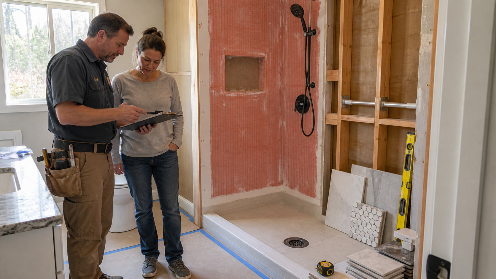 Sacramento bathroom remodel contractor and homeowner reviewing a tub-to-shower conversion with waterproofing membrane, shower pan drain, grab-bar blocking, tile samples, and protected floor