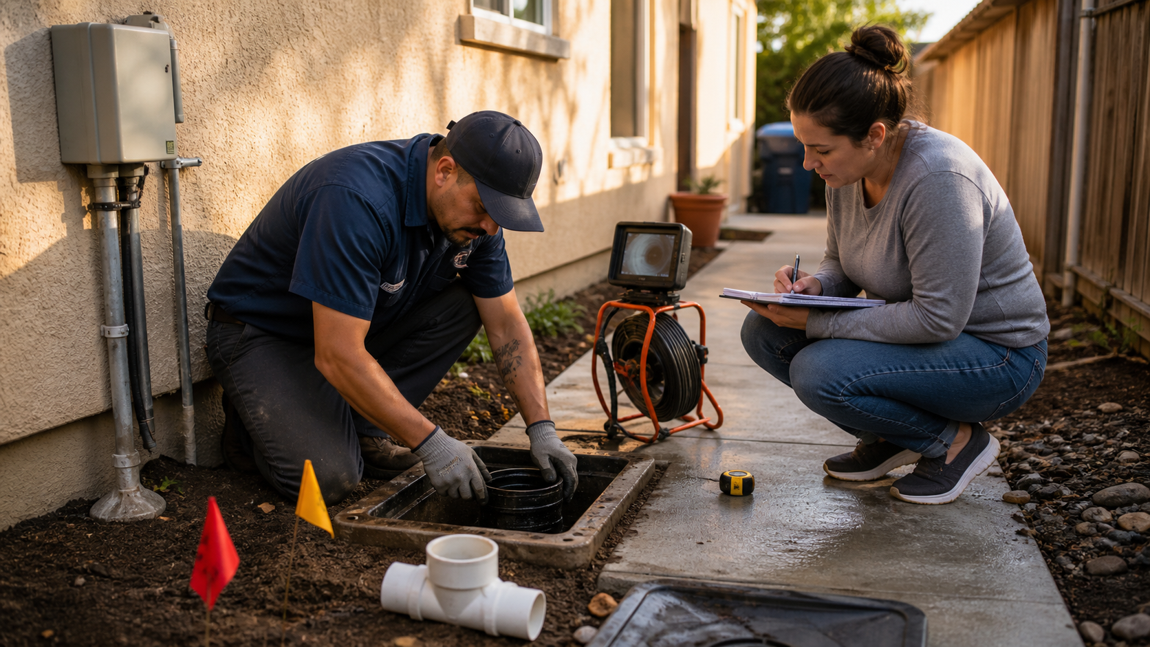 West Sacramento plumber and homeowner reviewing an exposed backwater valve cleanout, sewer camera monitor, utility flags, and side-yard access before sewer backup prevention work
