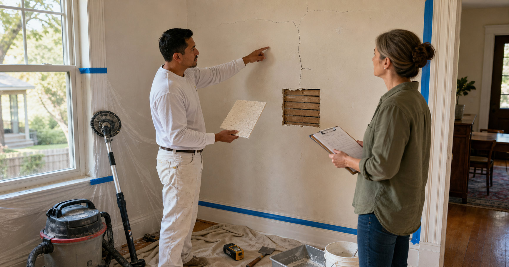Woodland plaster repair contractor pointing to cracks in an older home wall with lath exposed, dust containment, and a homeowner reviewing notes