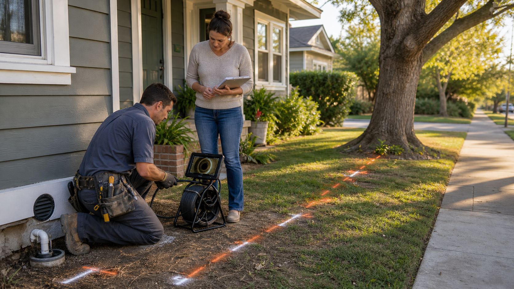 Woodland plumber using a sewer camera at an exterior cleanout while a homeowner reviews route markings from an older home toward the sidewalk