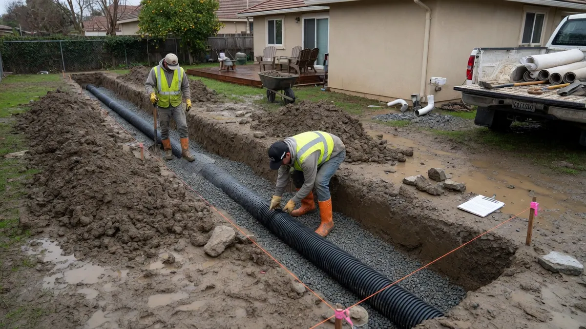 Photorealistic home improvement photo for Yard Drainage and French Drains in Sacramento: Costs, Clay Soil, Permits, and Contractor Scope